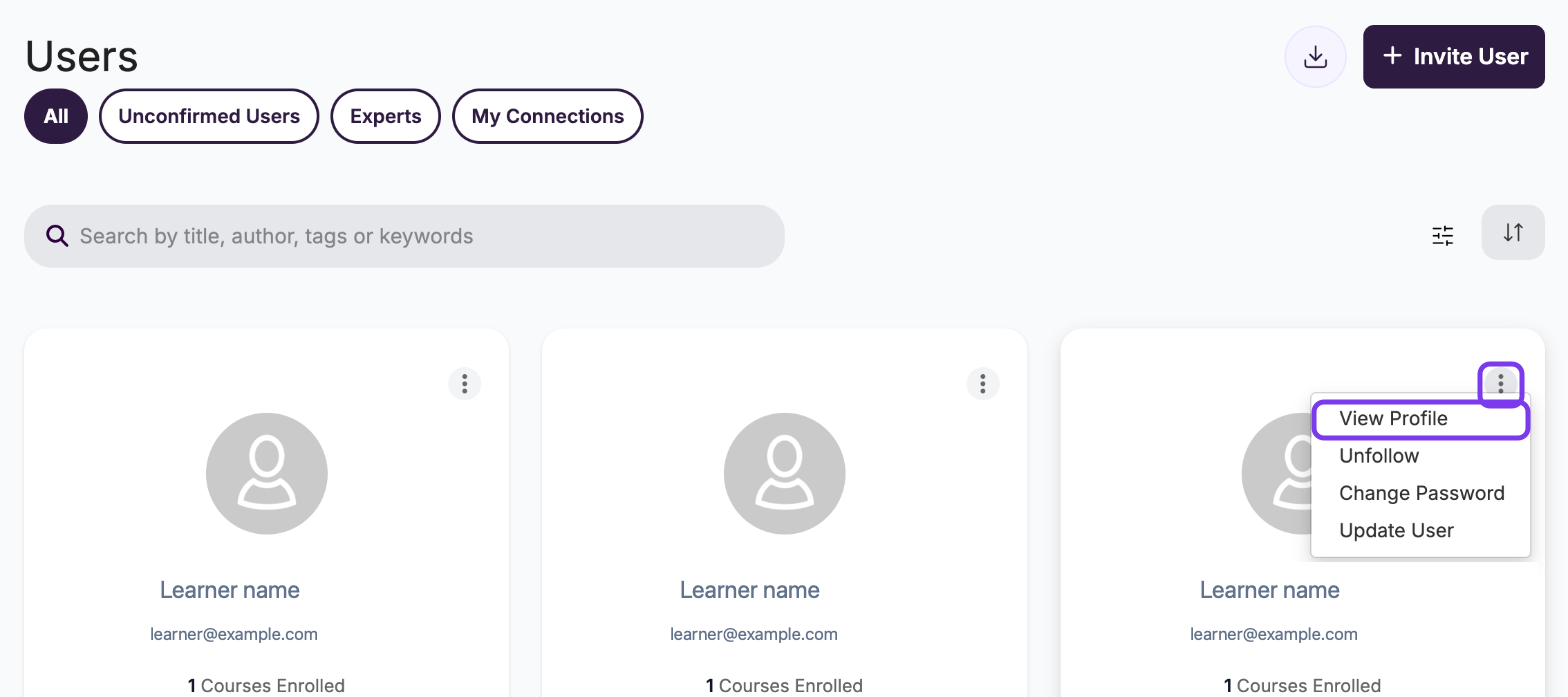 Users page with a user card's ⋮ menu open and View Profile outlined