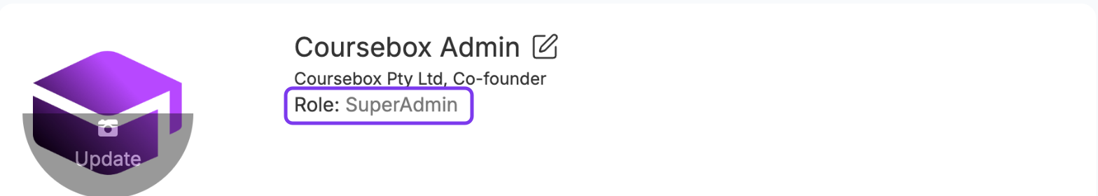 Super Admin's own profile with Role: SuperAdmin shown as text