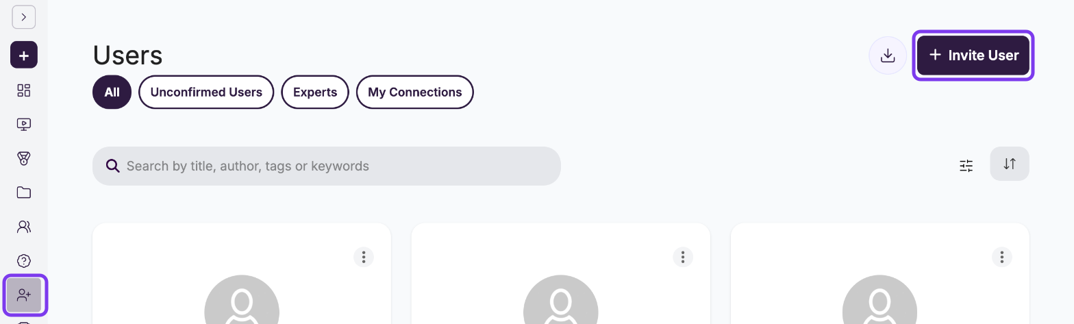 Users page with Users in the left menu and the Invite User button outlined, and the All, Unconfirmed Users, Experts and My Connections tabs