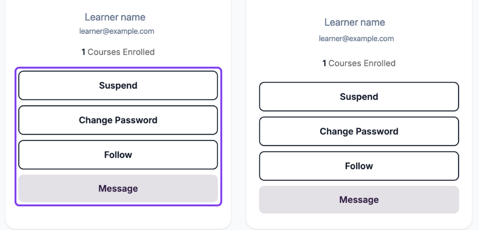 User cards with the Suspend, Change Password, Follow and Message buttons outlined