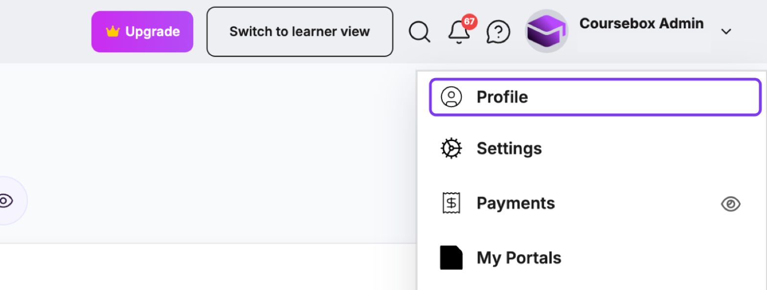 Profile menu open with Profile outlined