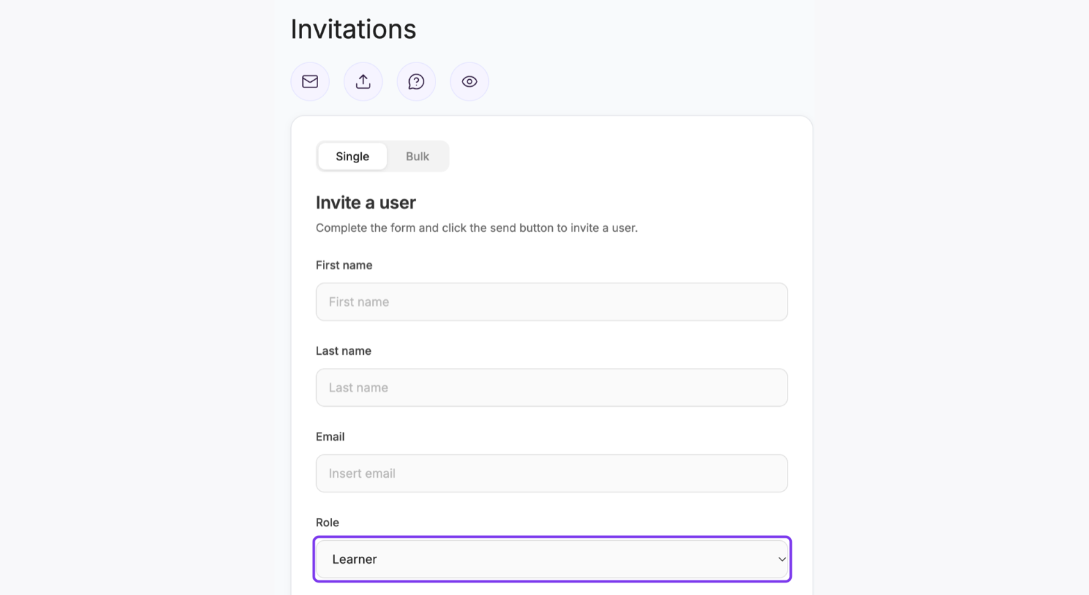 Invitations page with the Single and Bulk tabs, the name and email fields, and the Role field outlined