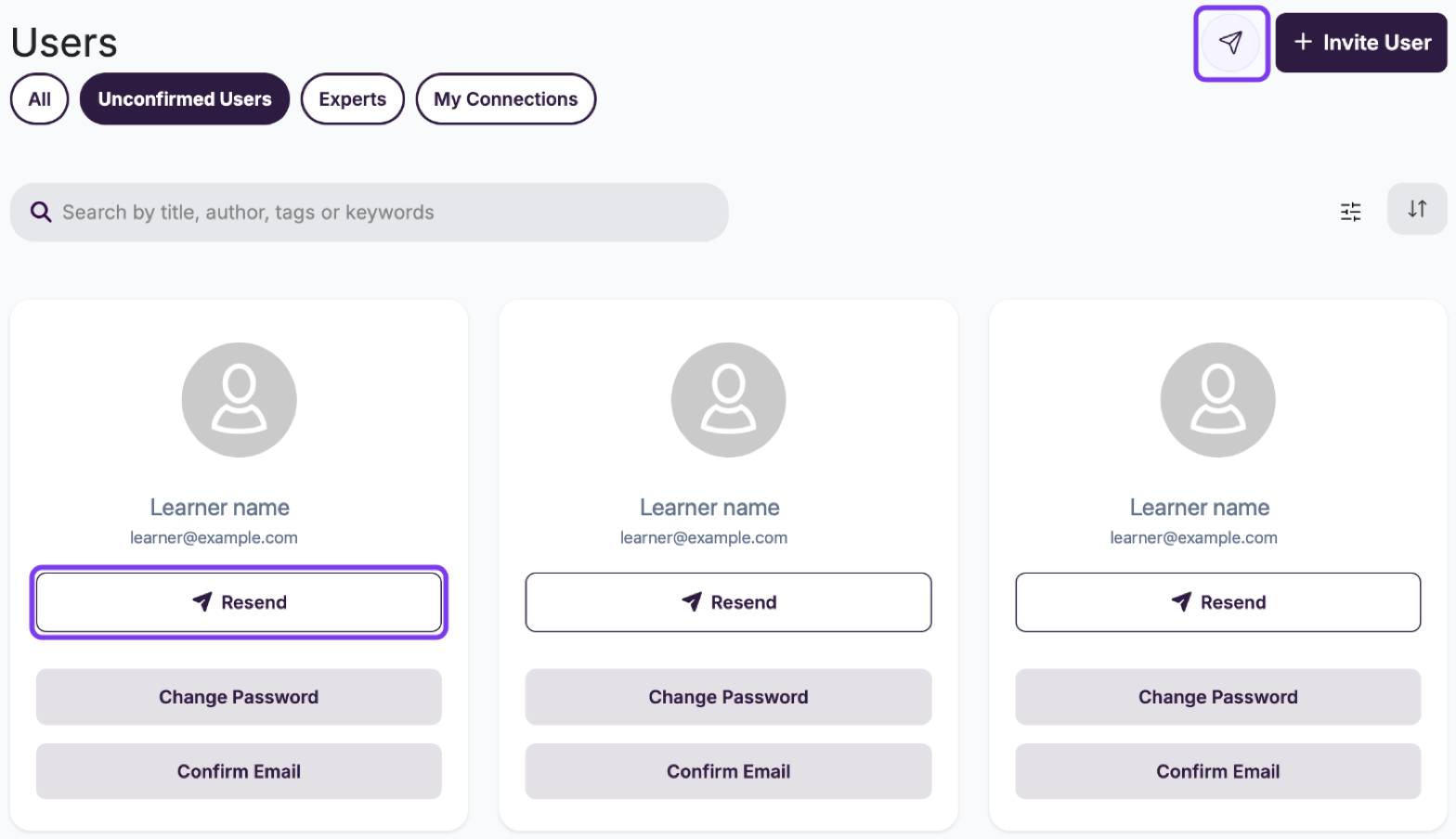 Unconfirmed Users tab with the Resend all invites icon and a card Resend button outlined