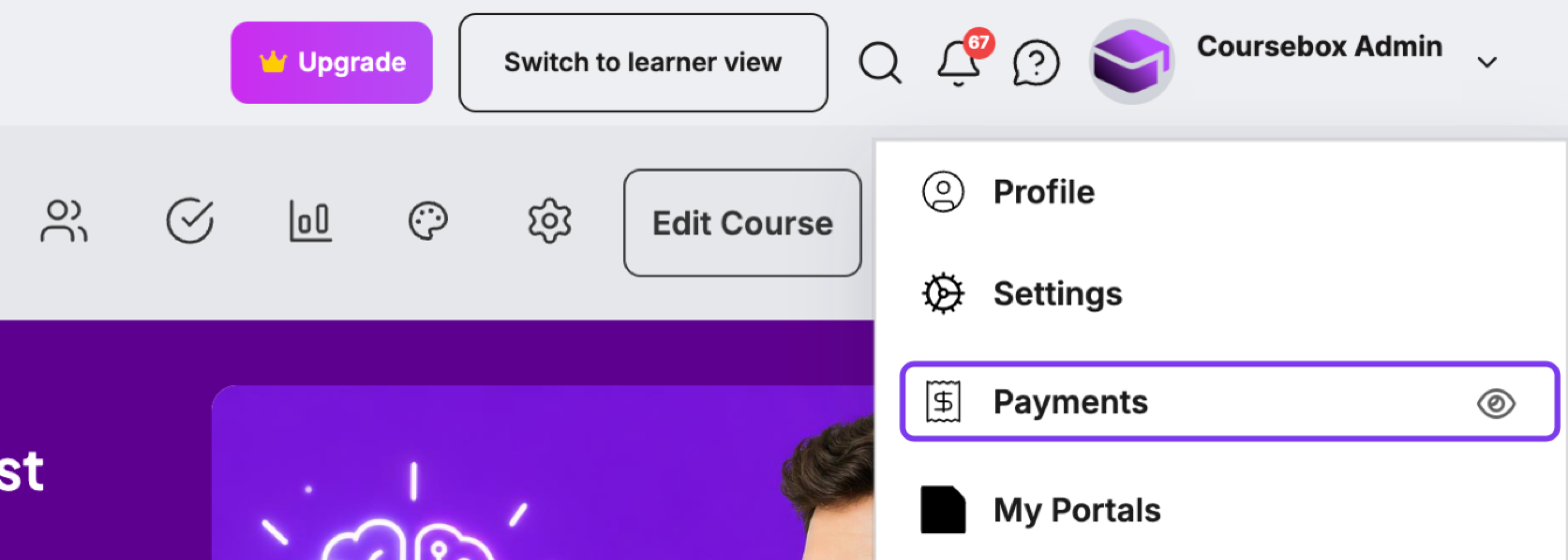 Profile menu with Payments and its eye icon outlined