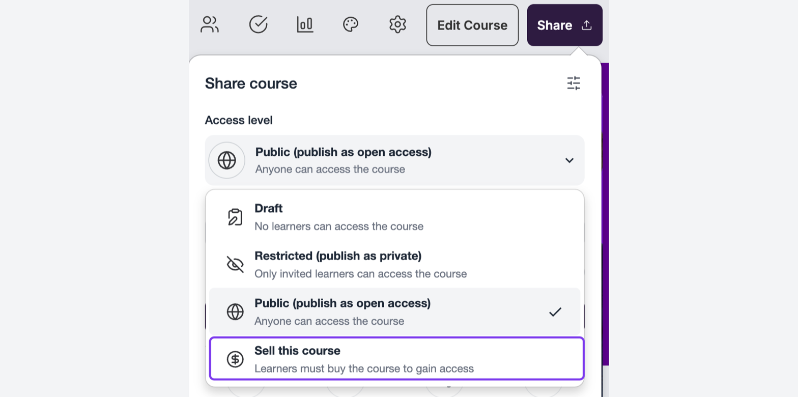 Share panel Access level dropdown with Sell this course outlined