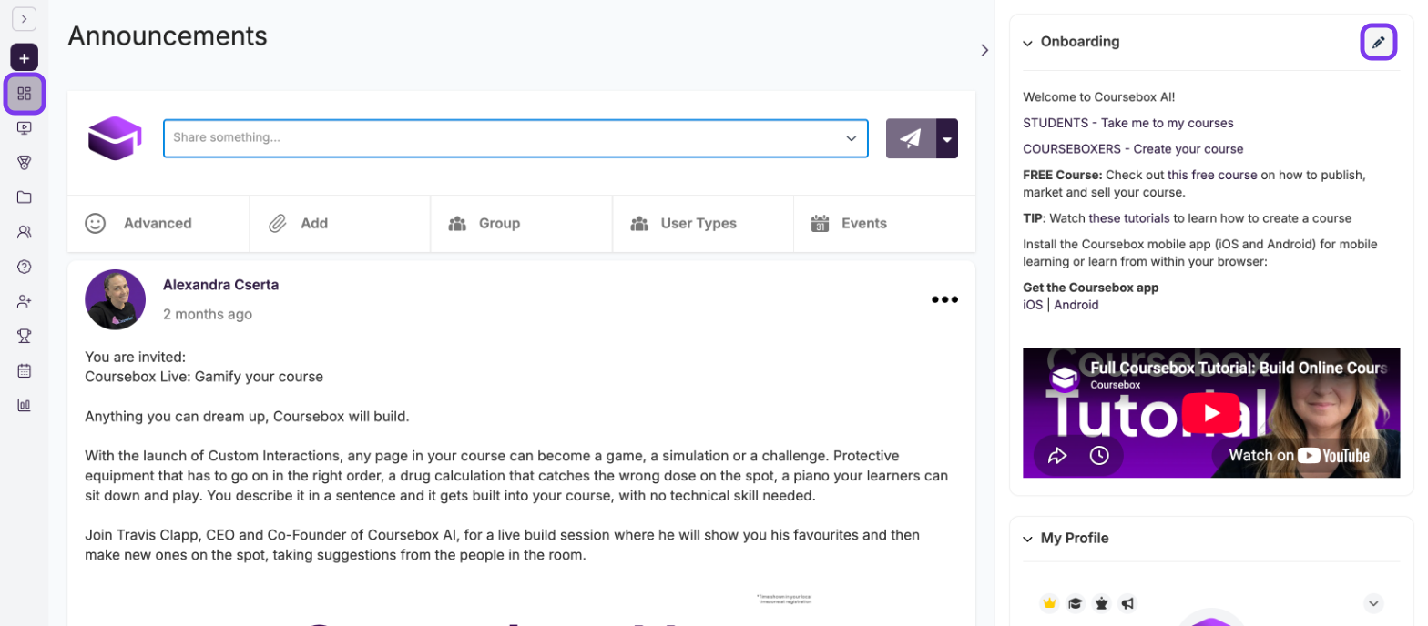 Announcements page with Announcements in the left menu and the Onboarding widget pencil icon outlined