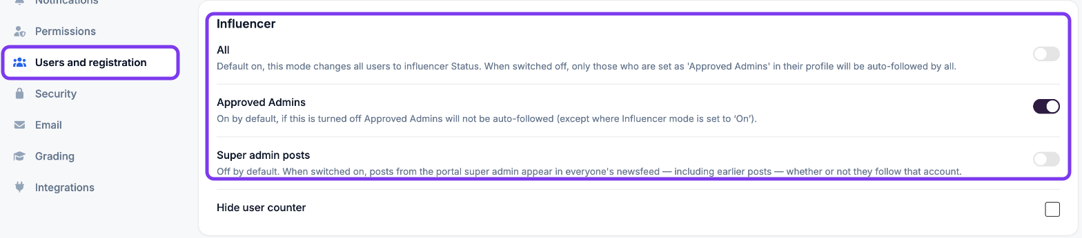 Users and registration settings with the Influencer section (All, Approved Admins, Super admin posts) outlined