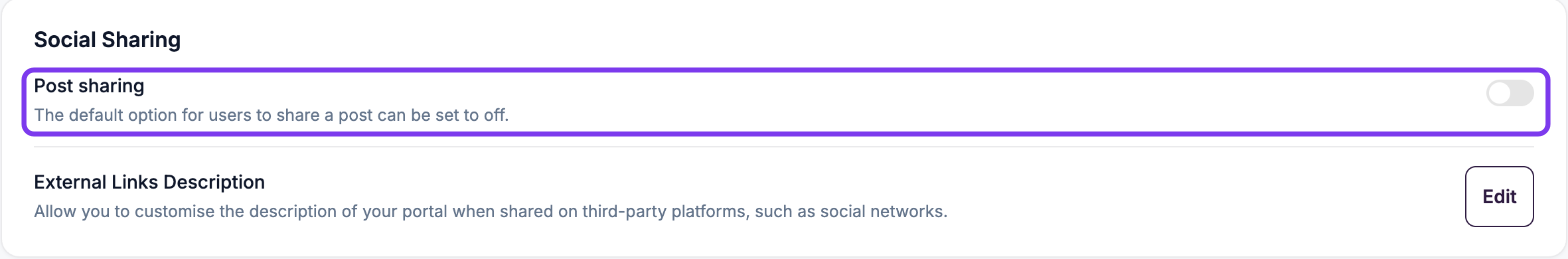 General settings Social Sharing section with Post sharing outlined