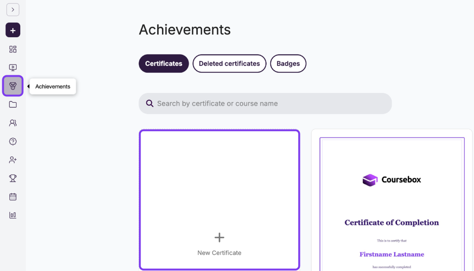 Achievements page with Achievements in the left menu and New Certificate outlined, plus the Certificates, Deleted certificates and Badges tabs and the search bar
