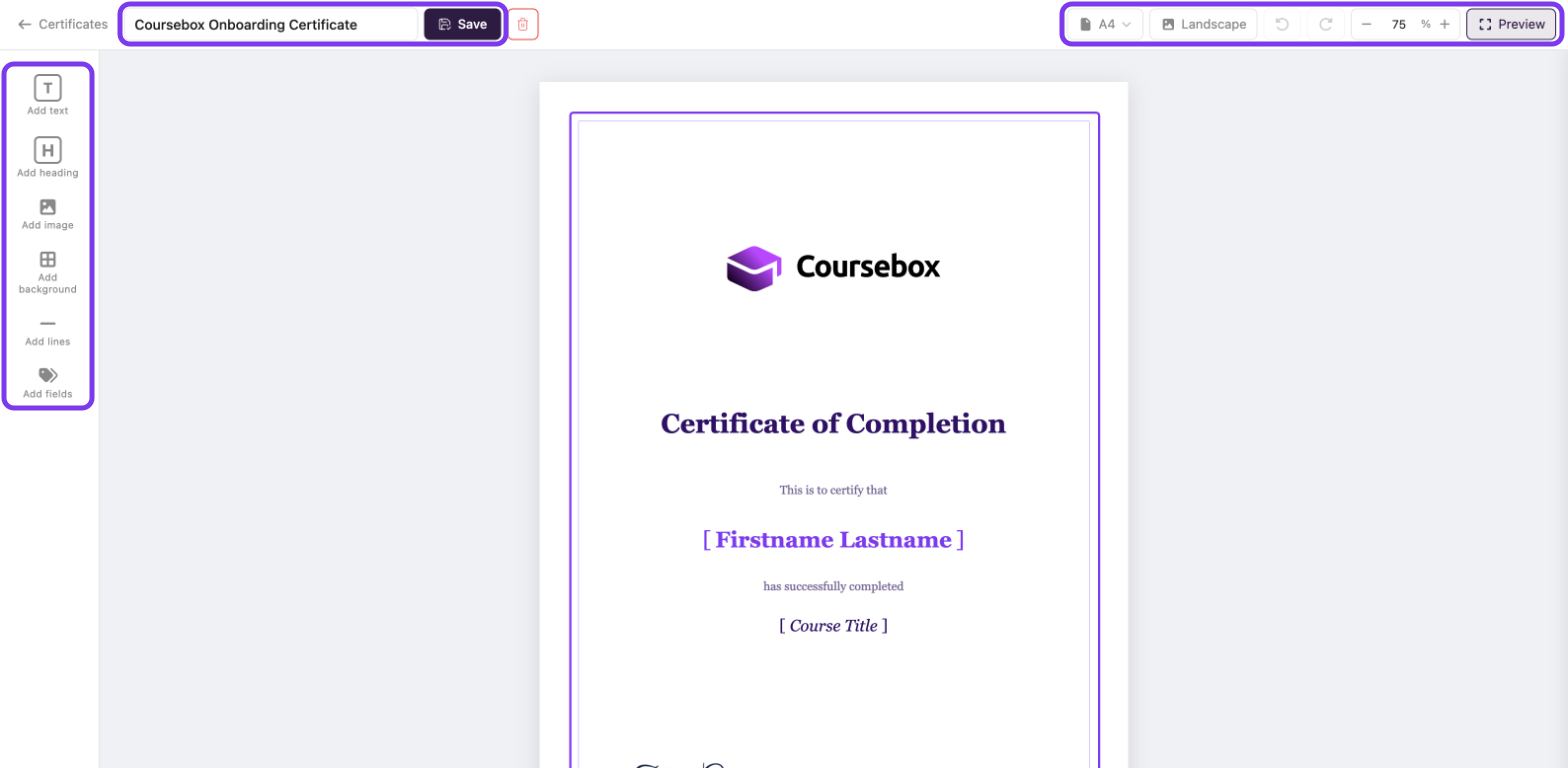 Certificate builder with the left toolbar, the name field and Save, and the page setup controls outlined