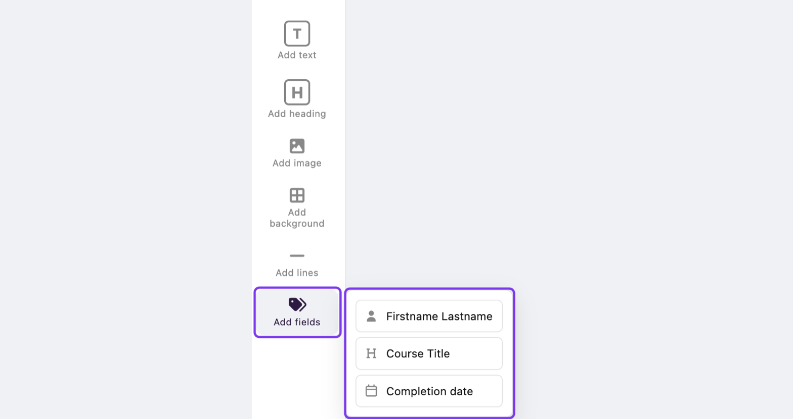 Add fields menu with Firstname Lastname, Course Title and Completion date outlined