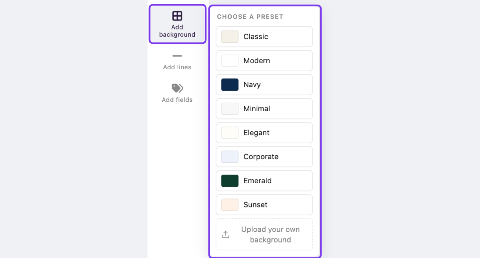 Add background panel with the preset backgrounds and Upload your own background, outlined