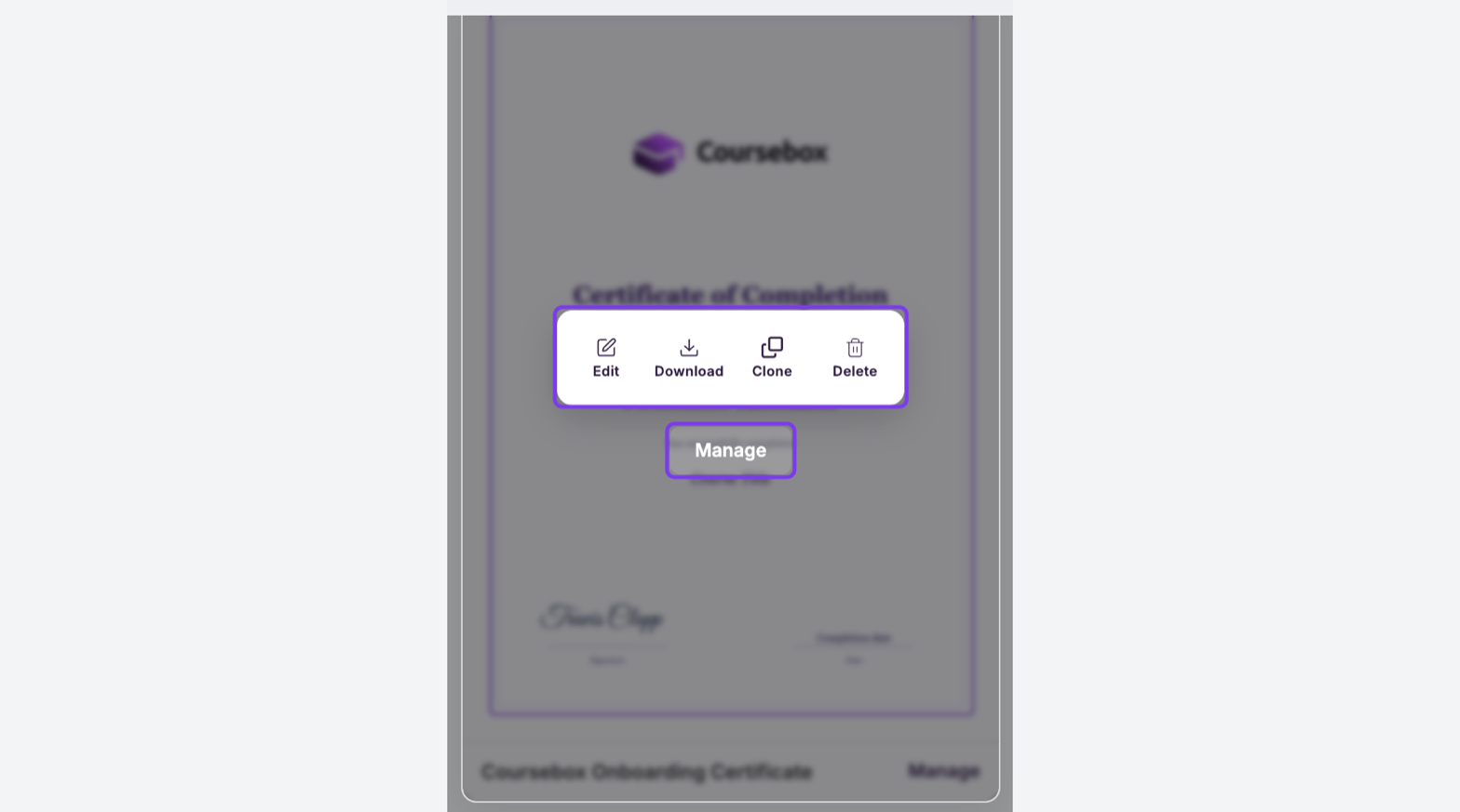 Certificate menu with Edit, Download, Clone and Delete, and Manage, outlined
