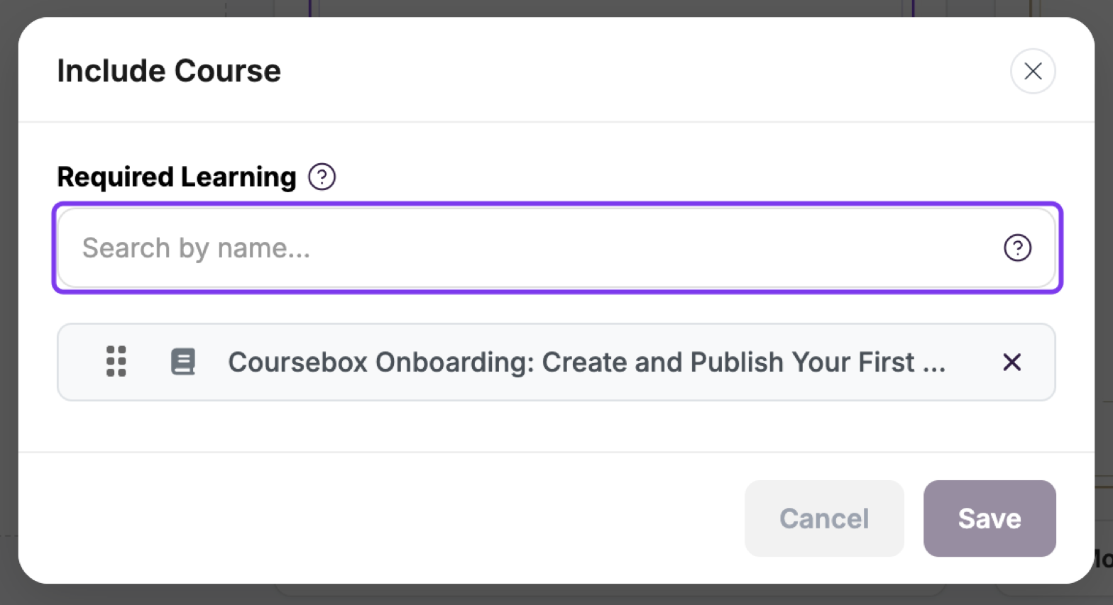 Include Course window with the Required Learning search field outlined and one linked course