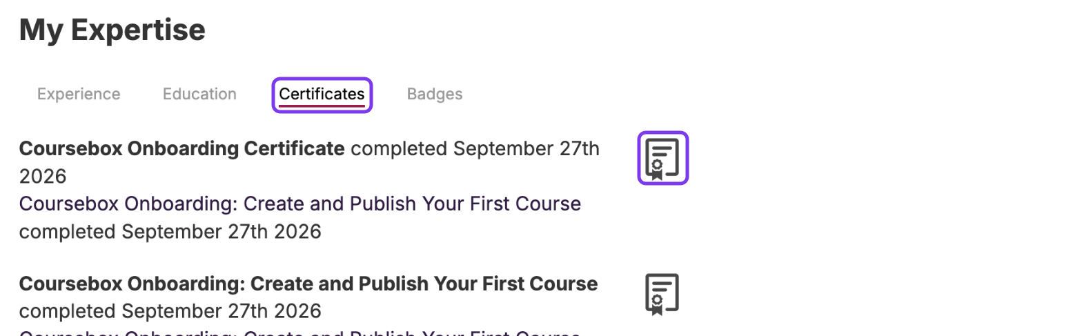 Profile My Expertise section with the Certificates tab and a certificate download icon outlined