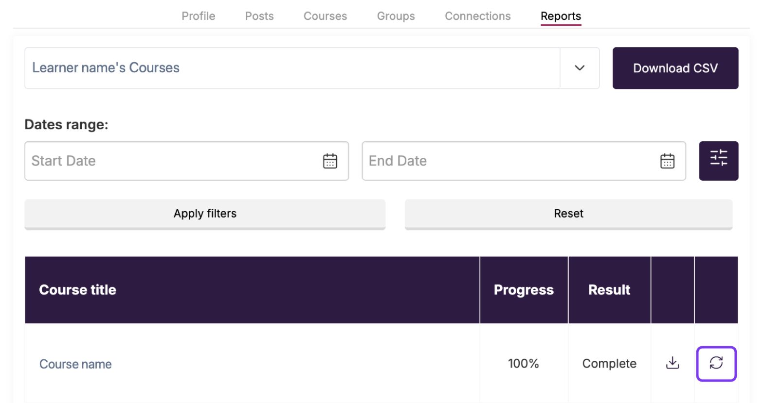 Learner profile Reports tab with the circular arrow regenerate icon outlined after the Result column