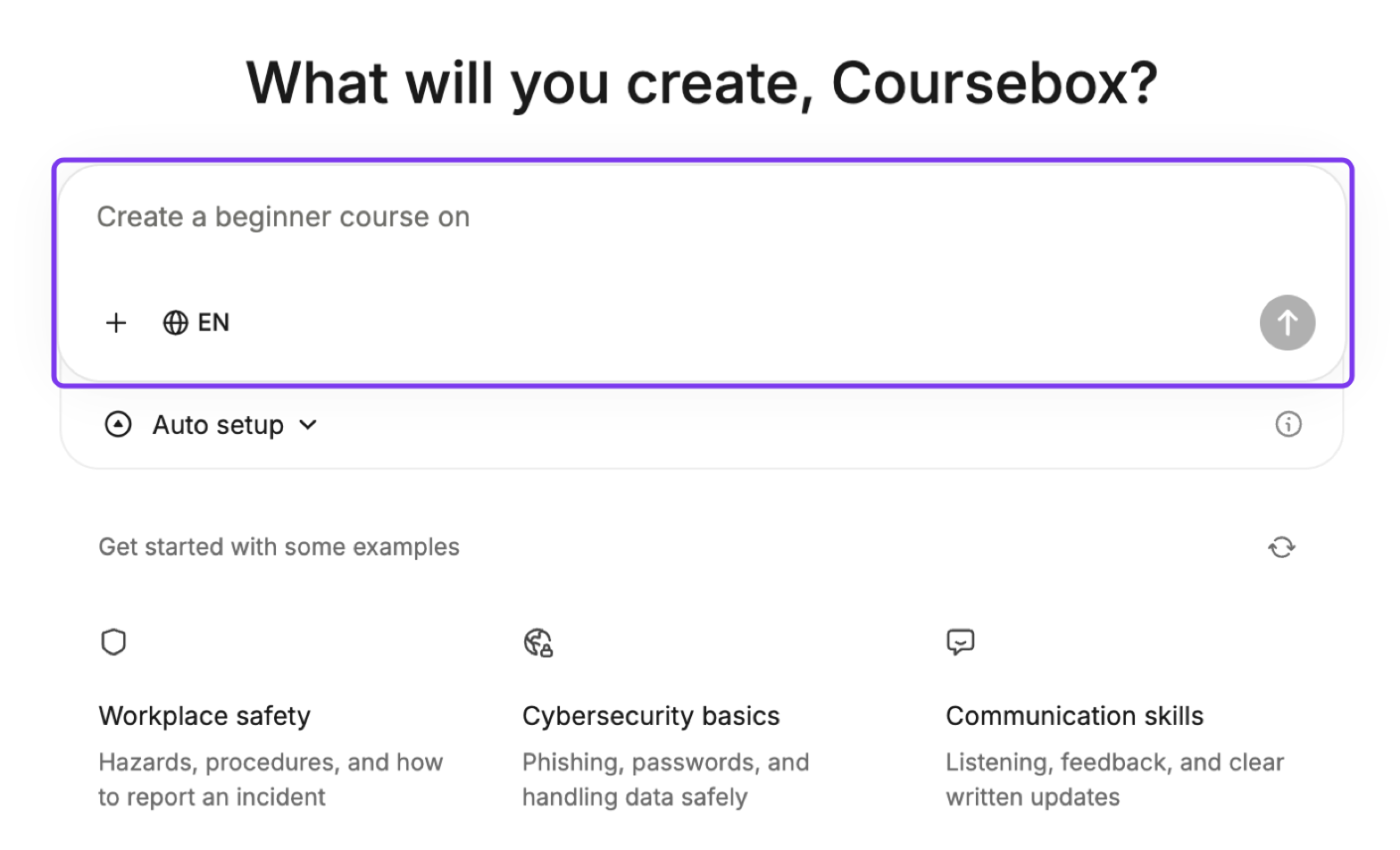 What will you create? page with the prompt box outlined, including the + button, the EN language selector and Auto setup