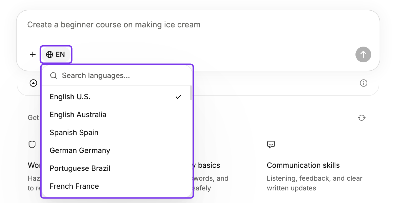 Language selector open below EN with a searchable list of course languages, outlined