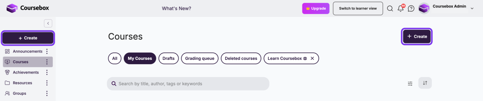+ Create button at the top of the left menu and at the top right of the Courses page, outlined