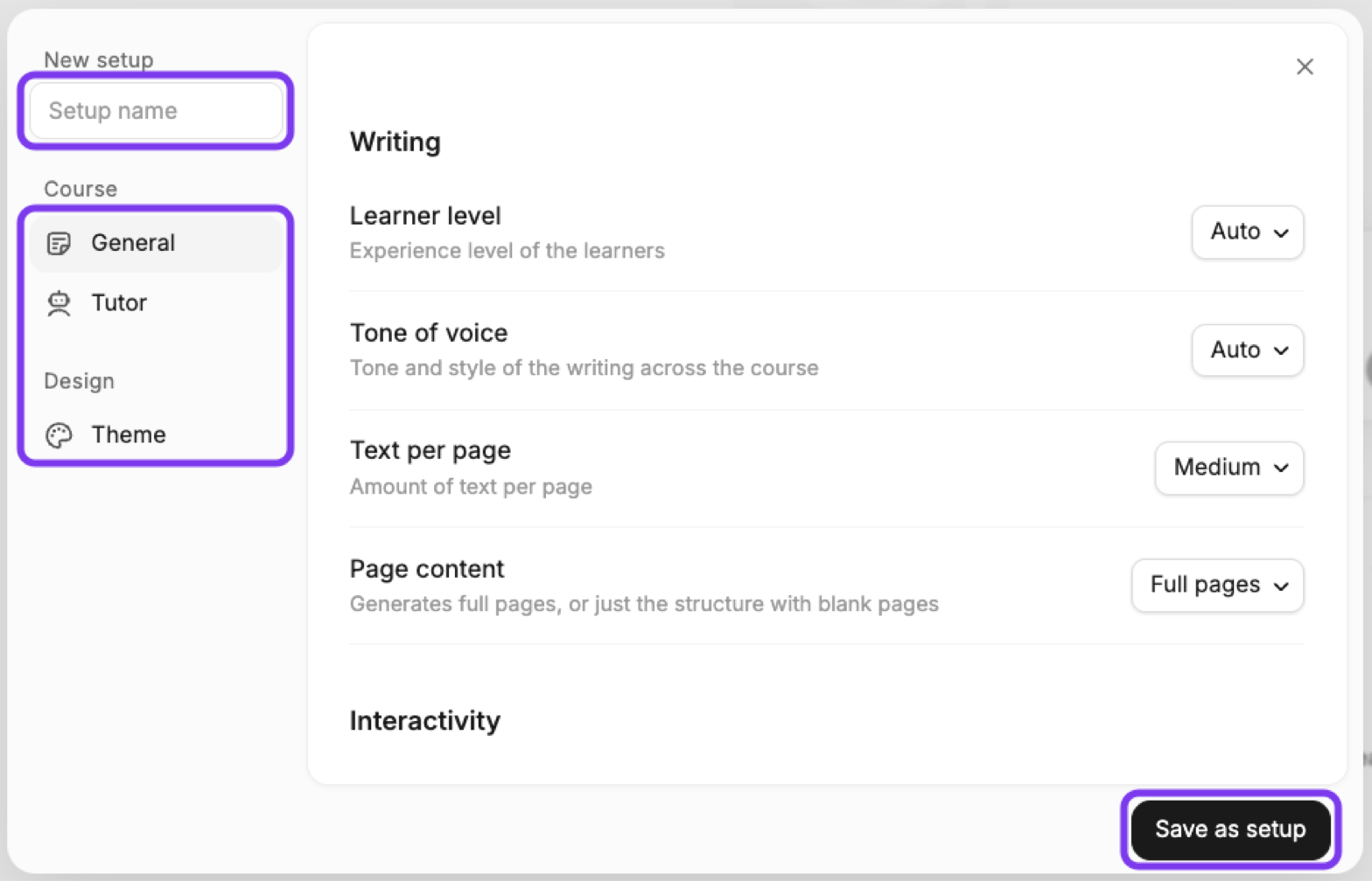 New setup window with the Setup name field, the General, Tutor and Theme sections and the Save as setup button outlined