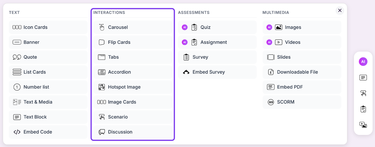 Add block panel with the Text, Interactions, Assessments and Multimedia columns, with the Interactions column outlined