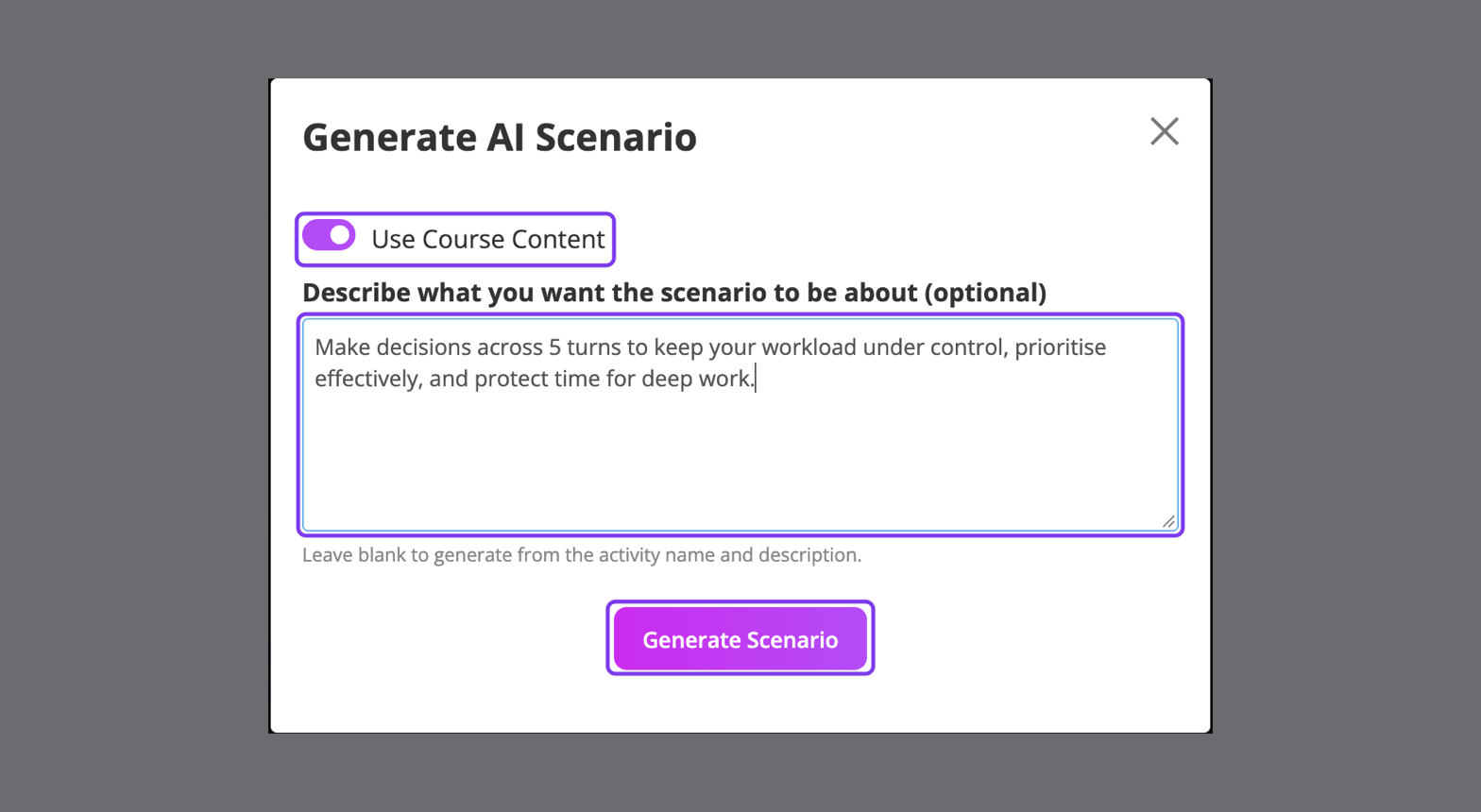 Generate AI Scenario window with Use Course Content, the brief and Generate Scenario outlined