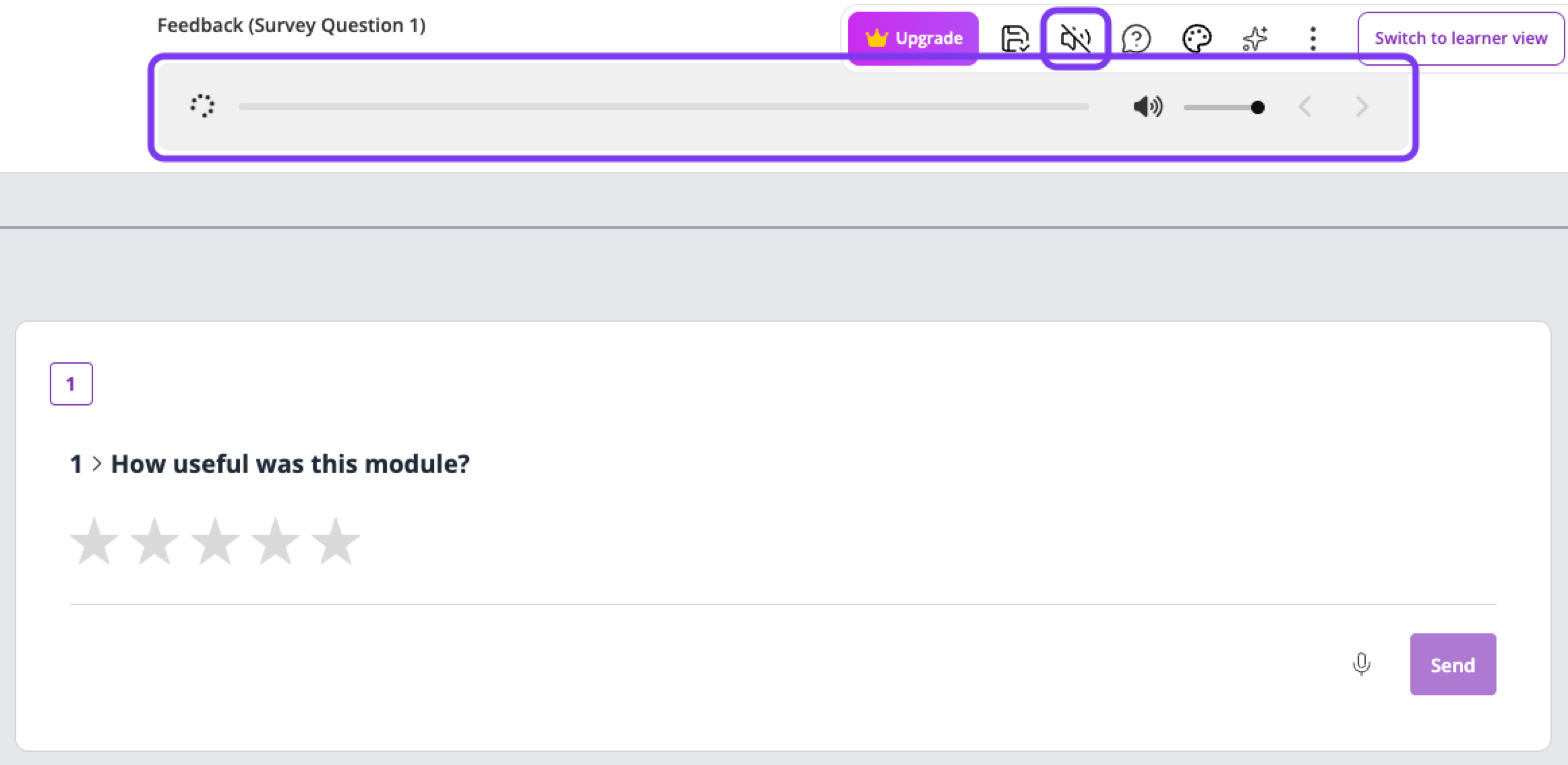 Listen mode turned on, with the Listen mode icon and the audio player above a survey question outlined