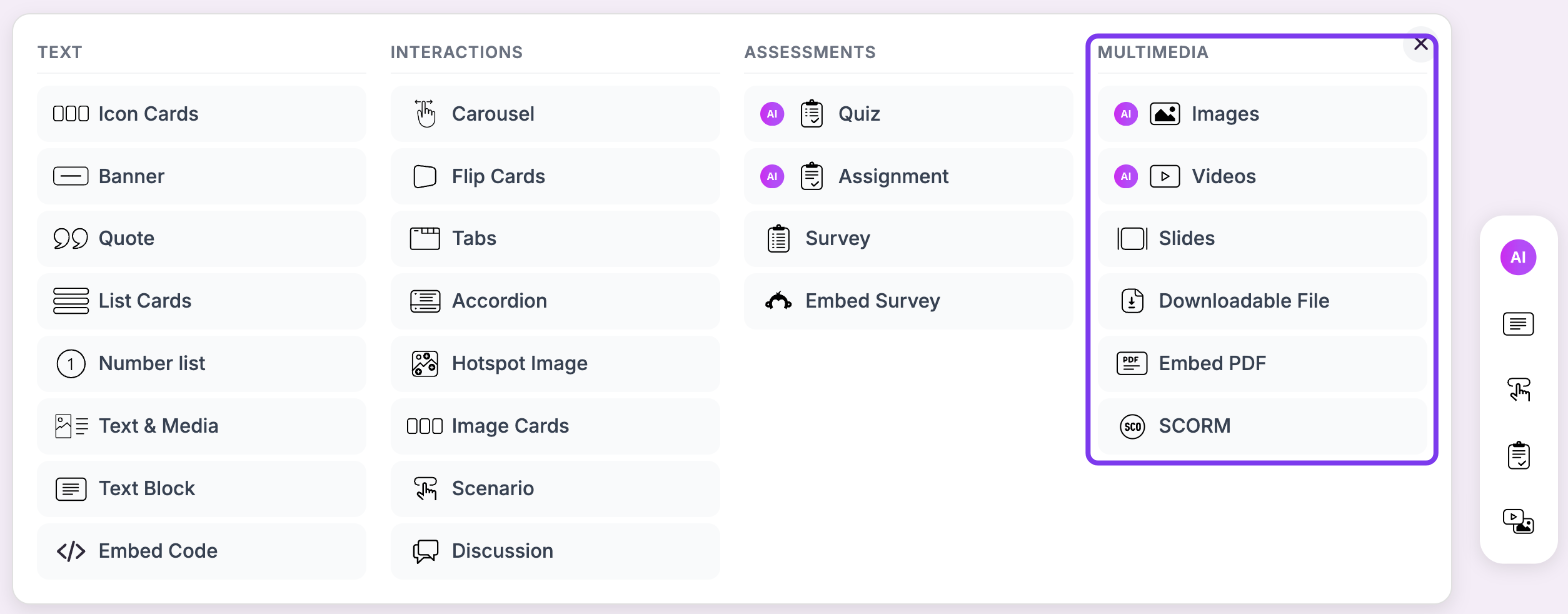 Add block panel with the Text, Interactions, Assessments and Multimedia columns, with the Multimedia column outlined