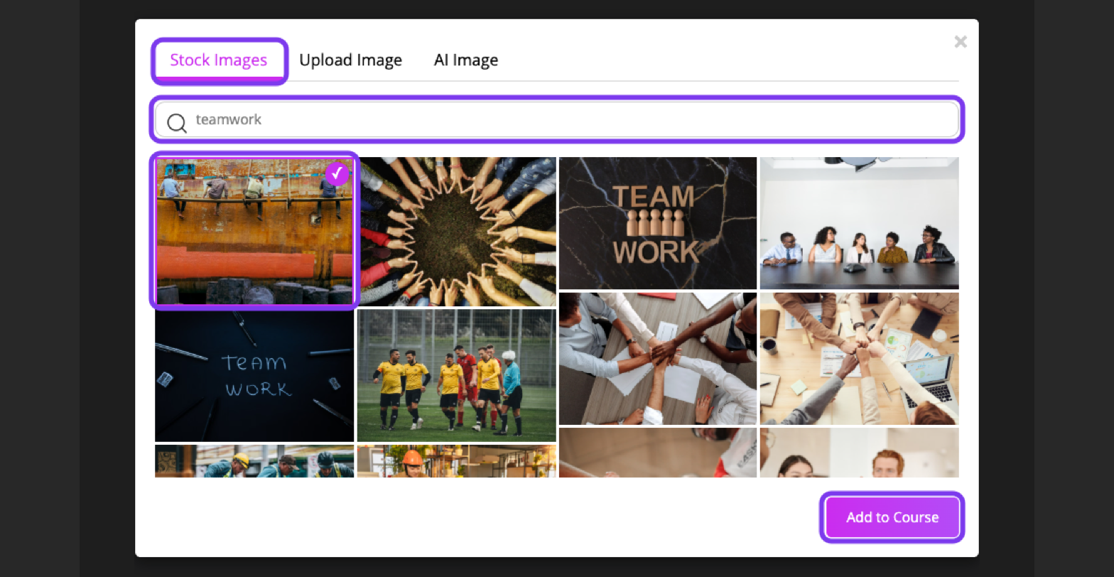 Images window on the Stock Images tab with a search for teamwork, one image selected and Add to Course outlined