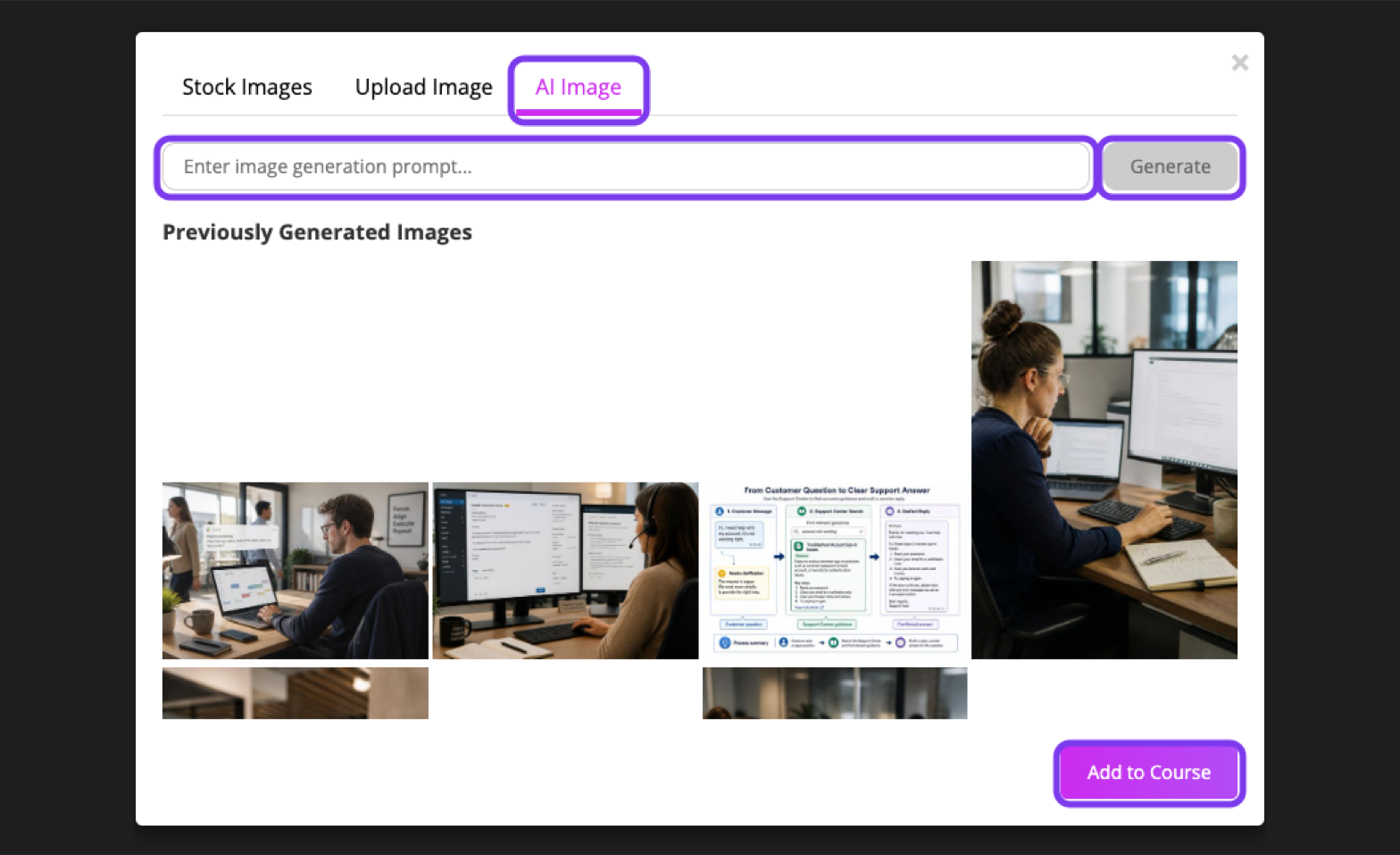 Images window on the AI Image tab with the prompt box, Generate and Add to Course outlined