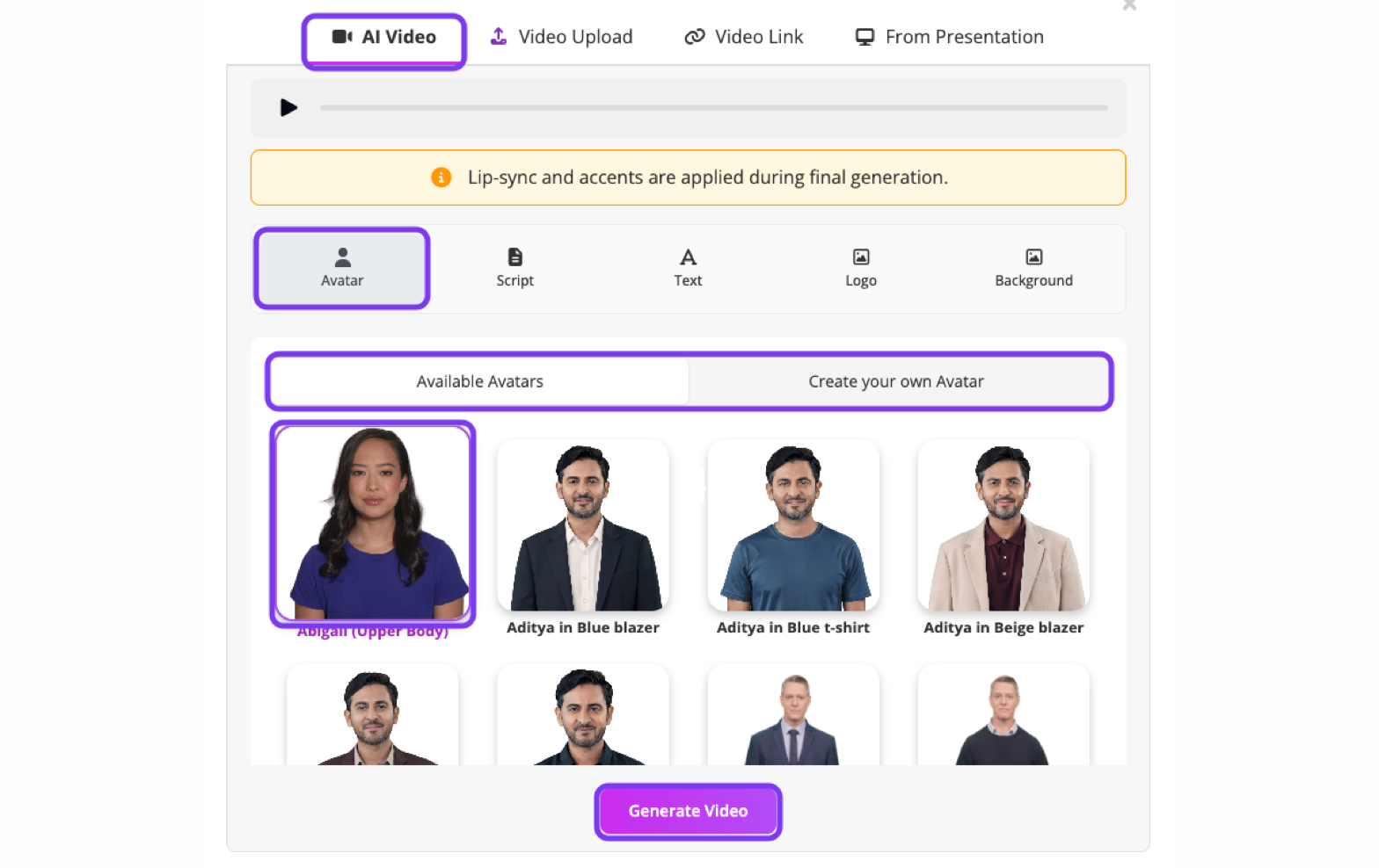 Videos window on the AI Video tab with the Avatar tab, Available Avatars and a selected avatar outlined