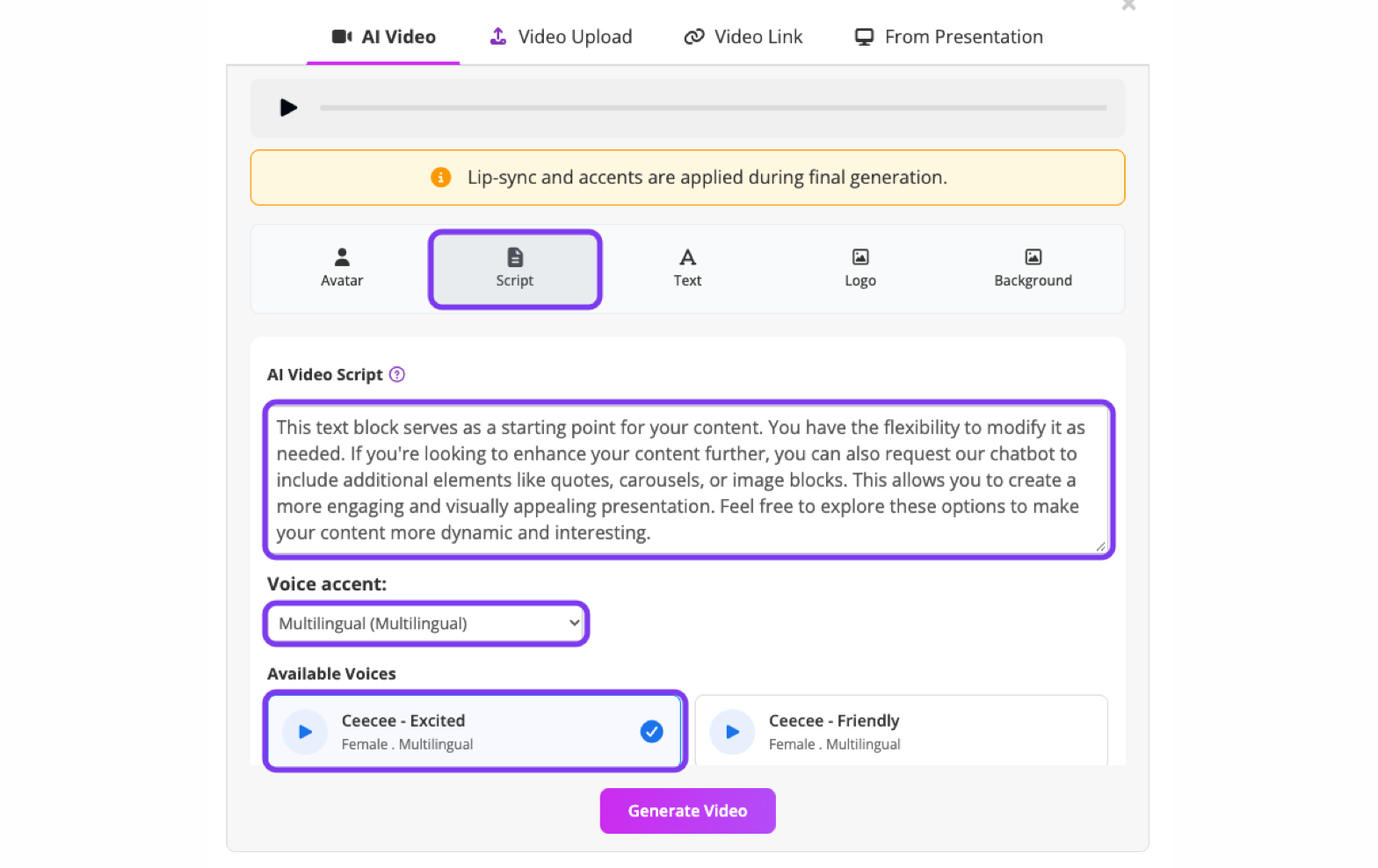 AI Video Script tab with the script, Voice accent dropdown and Available Voices outlined