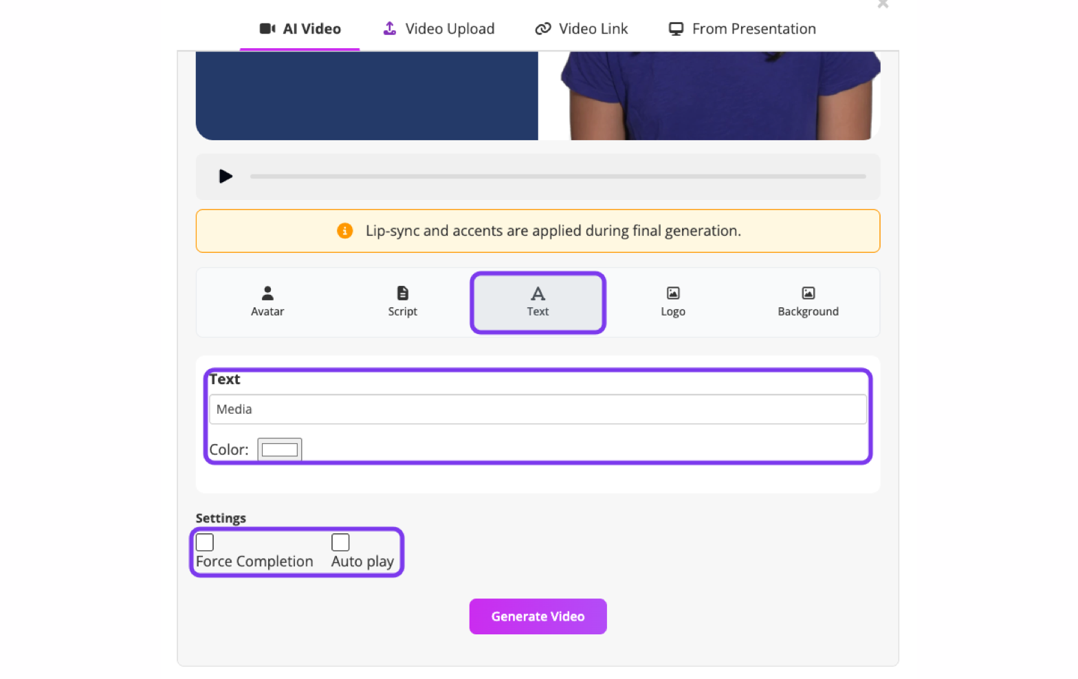 AI Video Text tab with the on-screen text, Color and the Force Completion and Auto play settings outlined