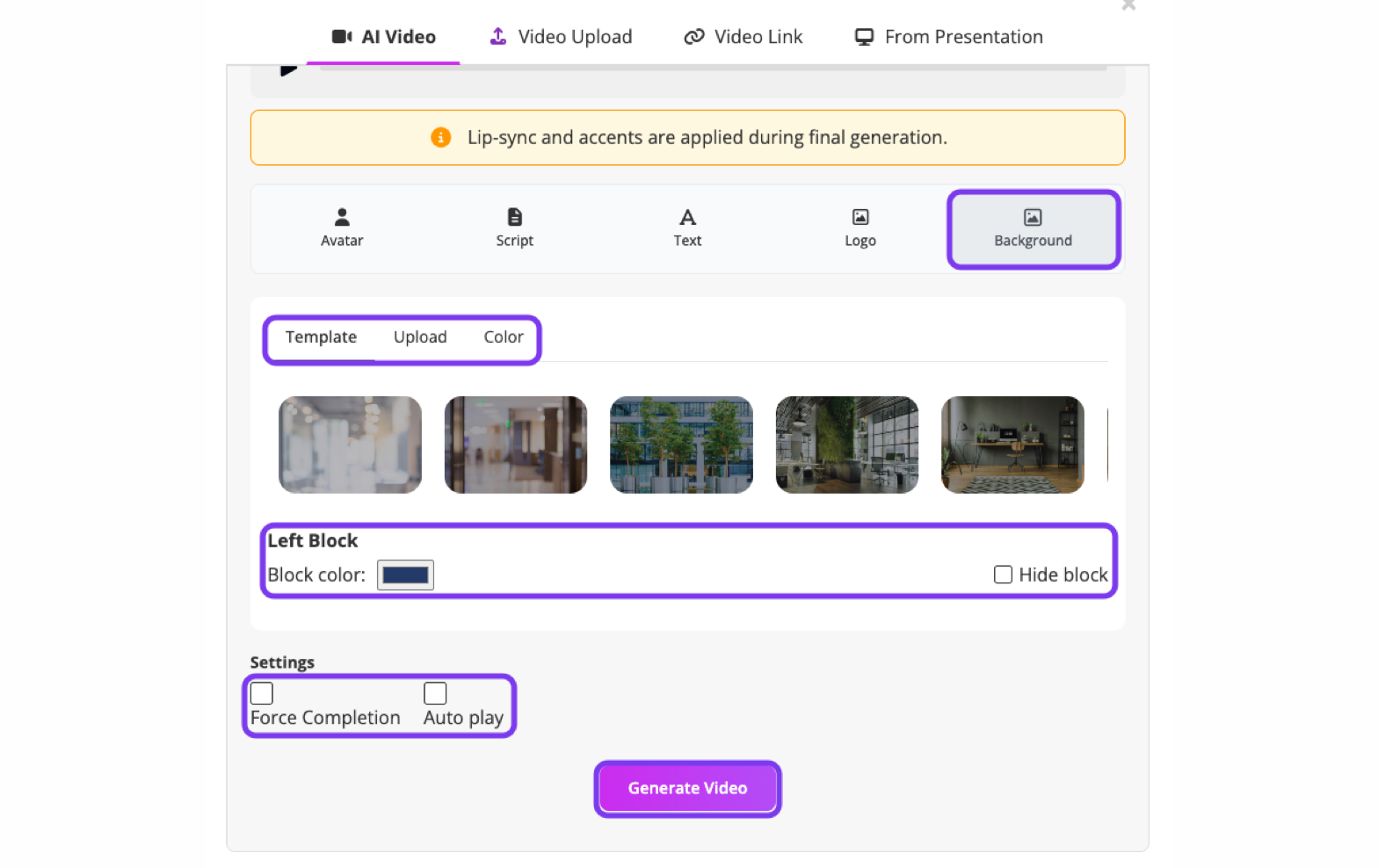 AI Video Background tab with the Template, Upload and Color options, Left Block colour and Hide block outlined