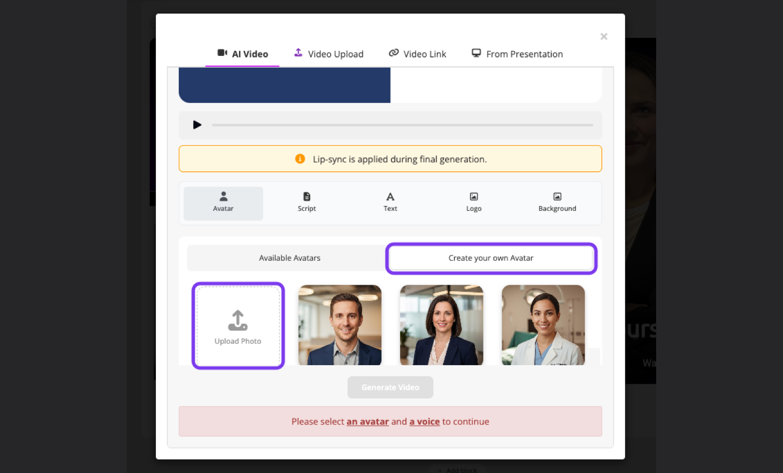 AI Video Avatar tab with Create your own Avatar and Upload Photo outlined