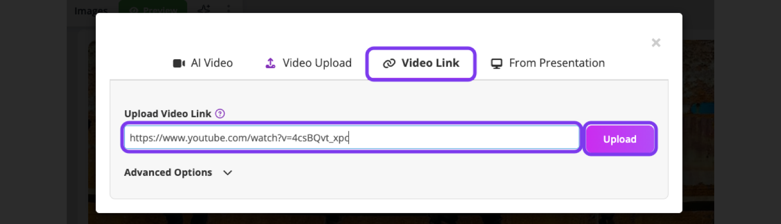 Videos window on the Video Link tab with a YouTube link in Upload Video Link and the Upload button outlined