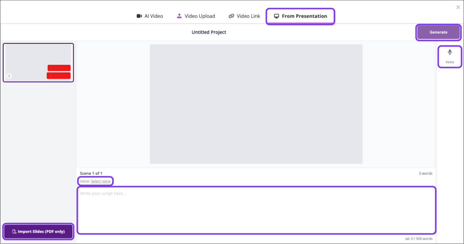From Presentation workspace with Import Slides (PDF only), the scene script box, Voice and Generate outlined