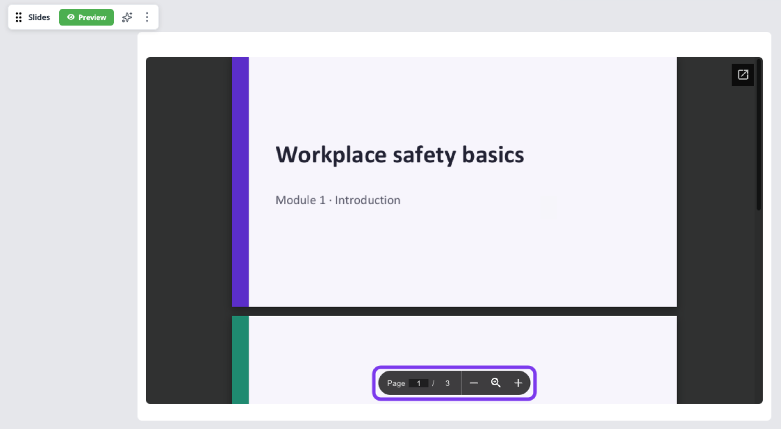 Slides block showing an uploaded PowerPoint deck in the viewer with the Page and zoom controls outlined