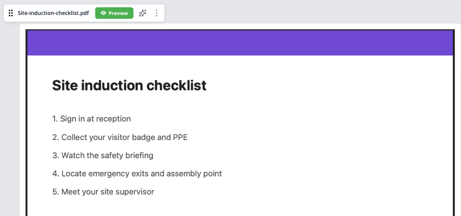 Embed PDF block showing a PDF checklist on the course page