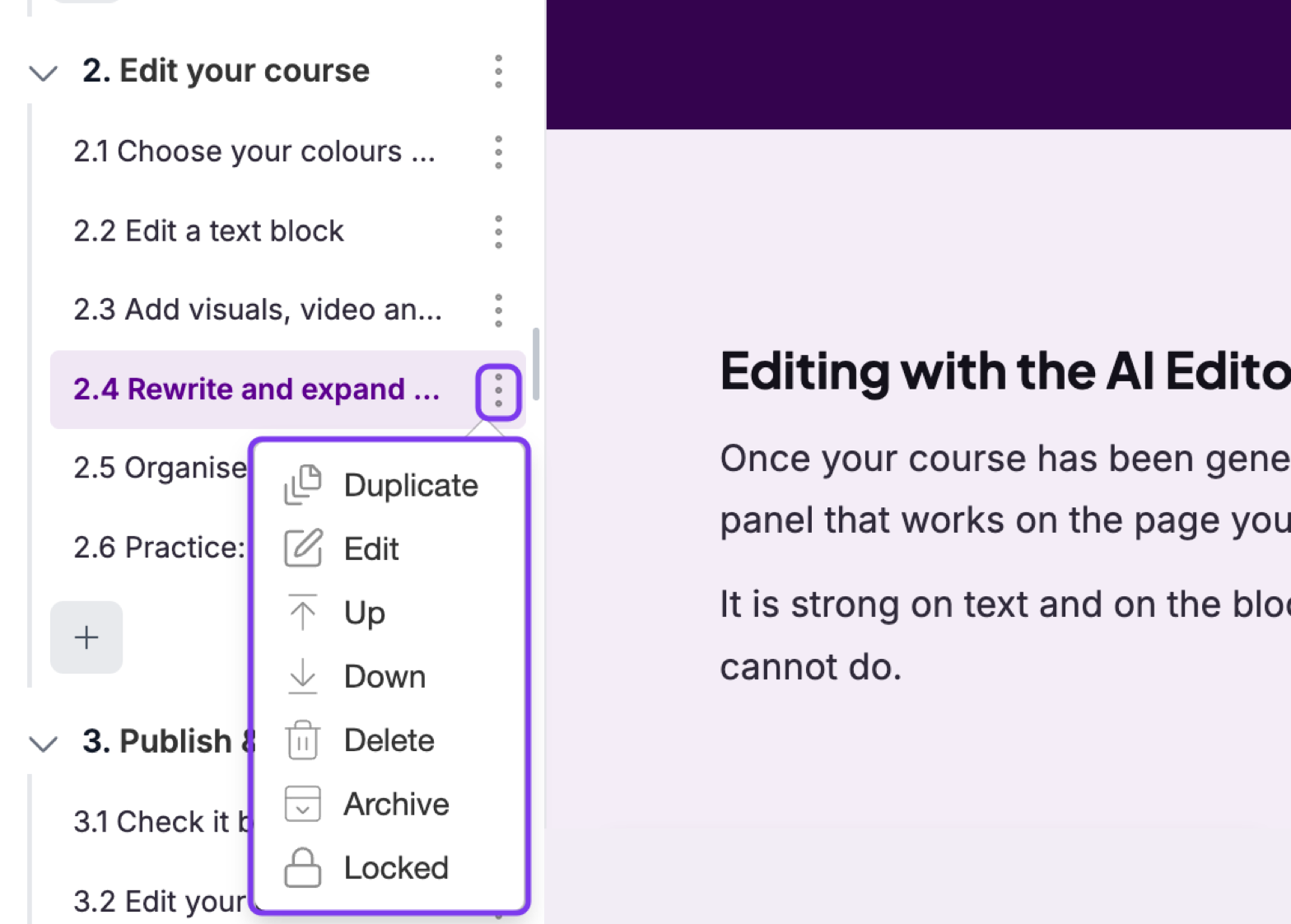 Page menu in the course outline with Duplicate, Edit, Up, Down, Delete, Archive and Locked