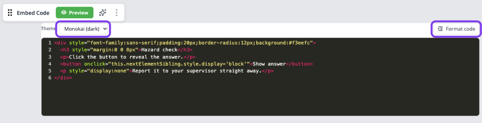 Embed Code block with sample HTML in the code editor and the Theme and Format code controls outlined