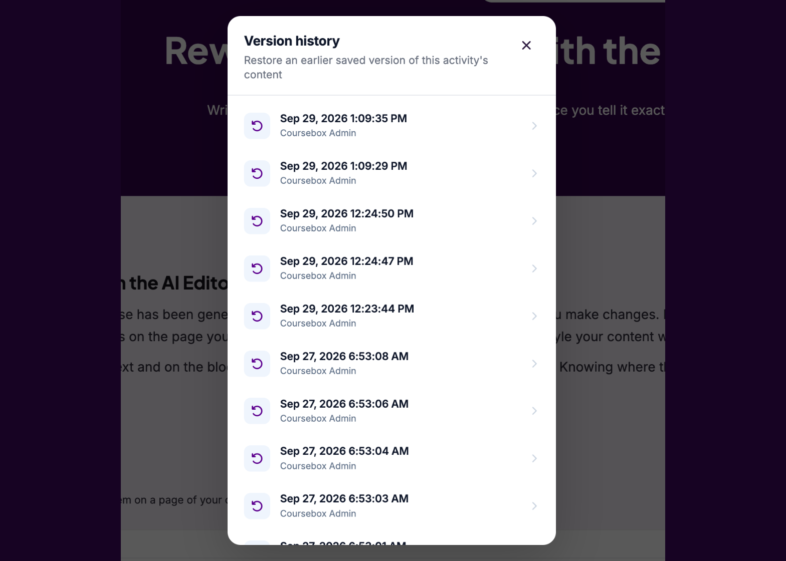 Version history window listing saved versions of the page by date and time