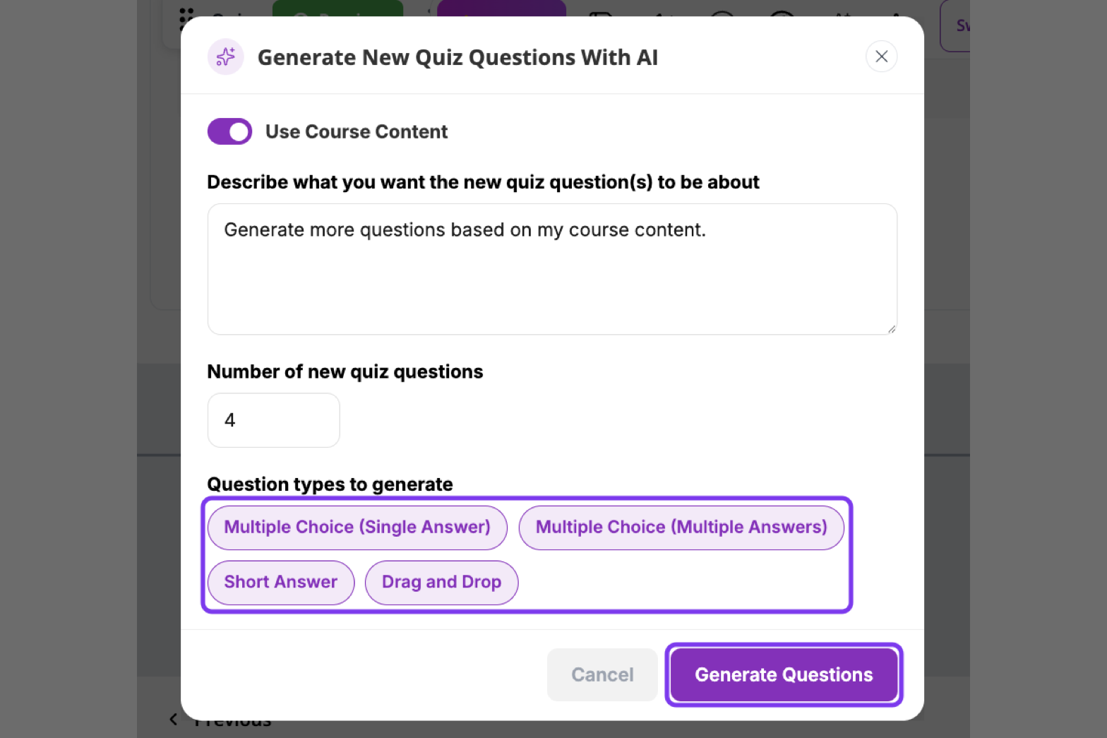 Generate New Quiz Questions With AI window with the question types and Generate Questions outlined