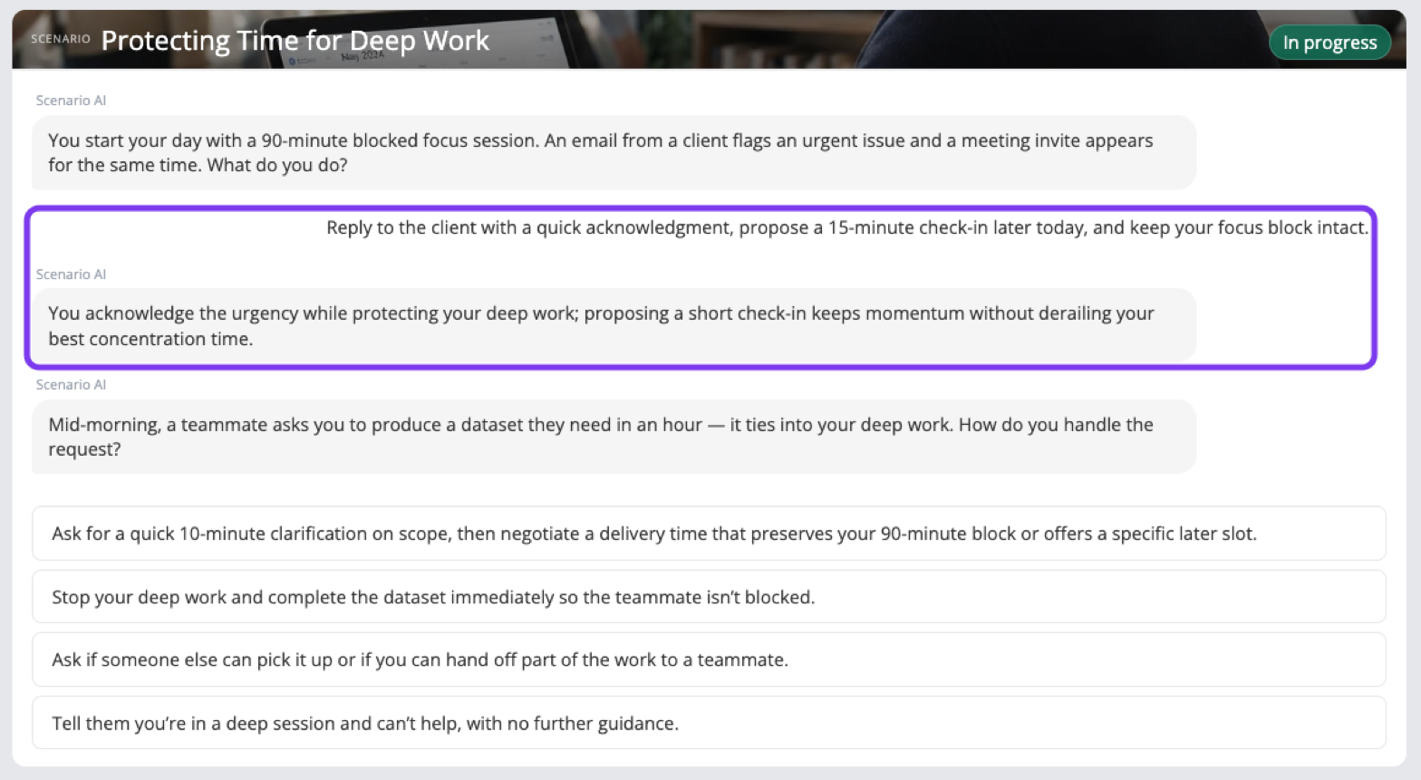 Scenario AI comment on the learner choice outlined, followed by the next turn