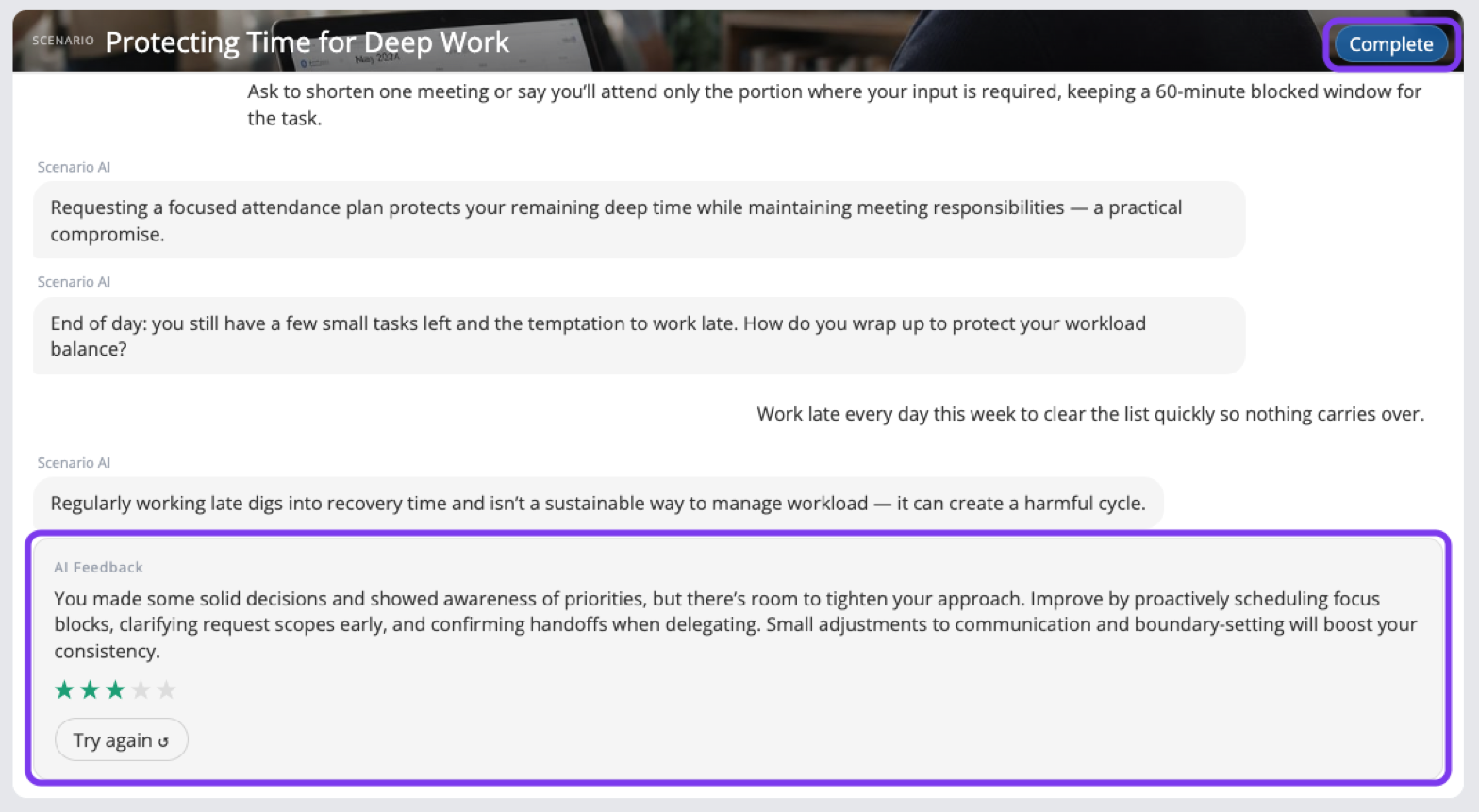 Completed scenario with the AI Feedback, star rating and Try again outlined