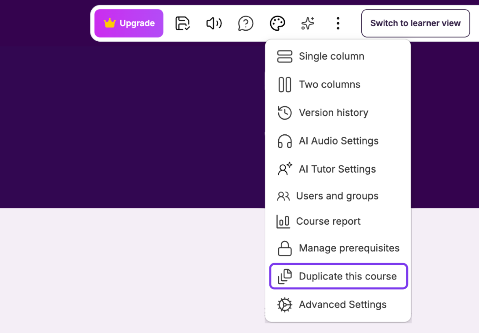 Course editor More menu open with Duplicate this course outlined