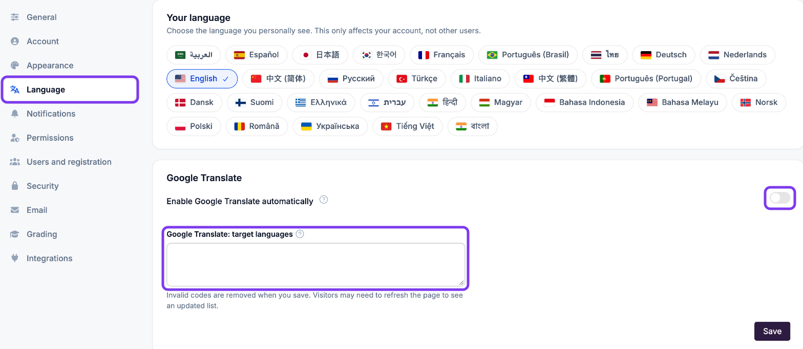 Settings, Language, with the Language menu item, the Enable Google Translate automatically toggle and the Google Translate: target languages field outlined