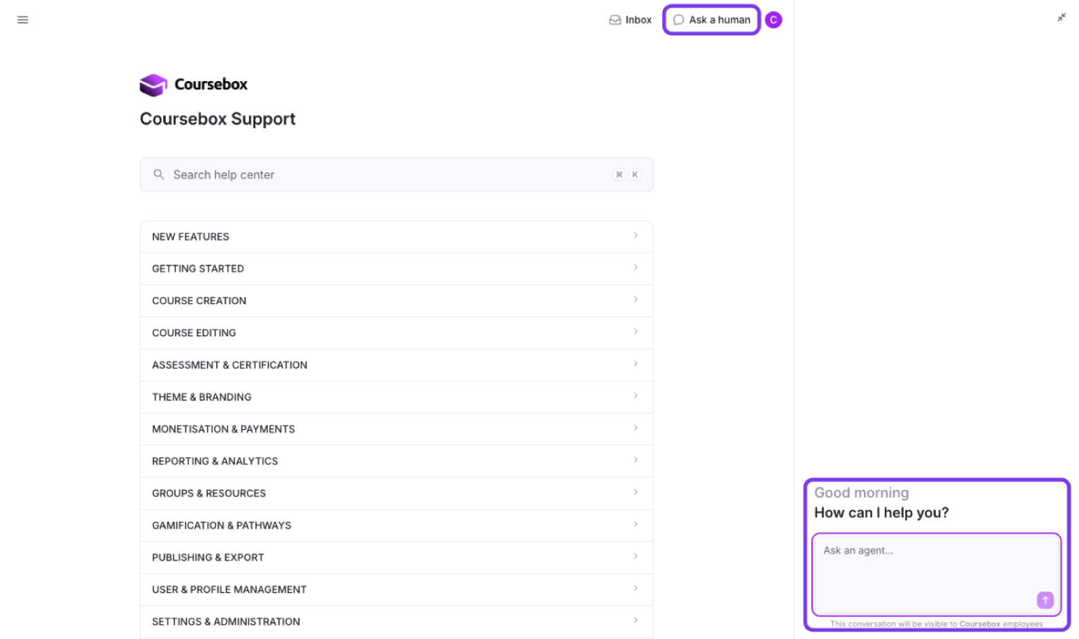 Coursebox support portal home page with Ask a human and the Ask an agent box outlined
