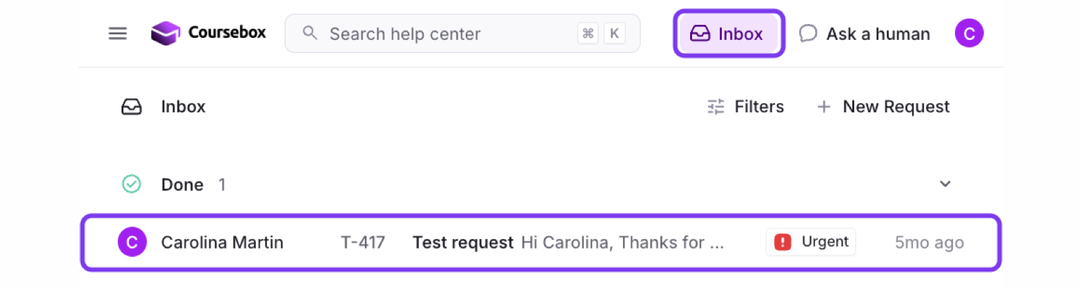 Support portal Inbox with Inbox and a support request outlined