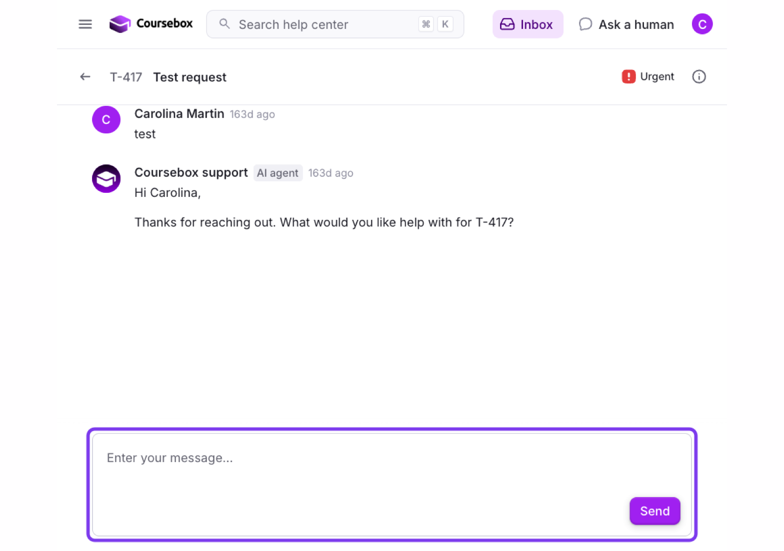 Support request conversation with the Enter your message box and Send button outlined